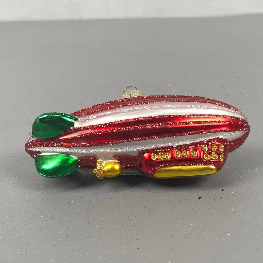 Old World Christmas Blimp & Candy Cane Glass Ornament Set Red Green Glitter